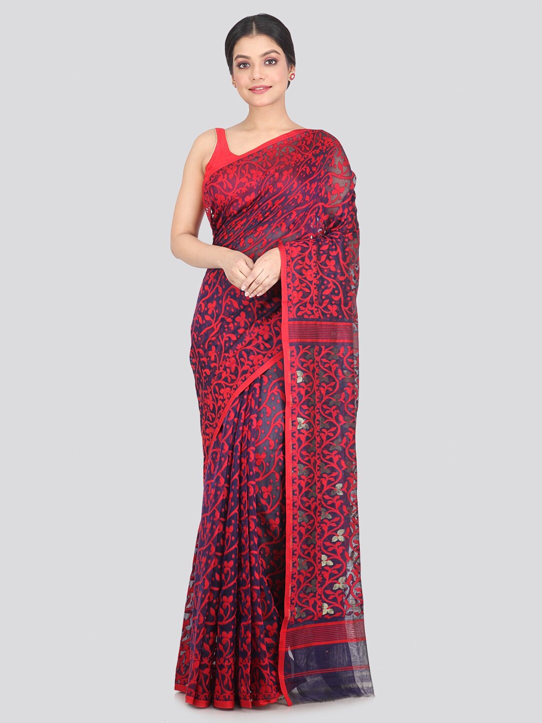

PinkLoom Blue & Red Woven Design Pure Cotton Jamdani Saree