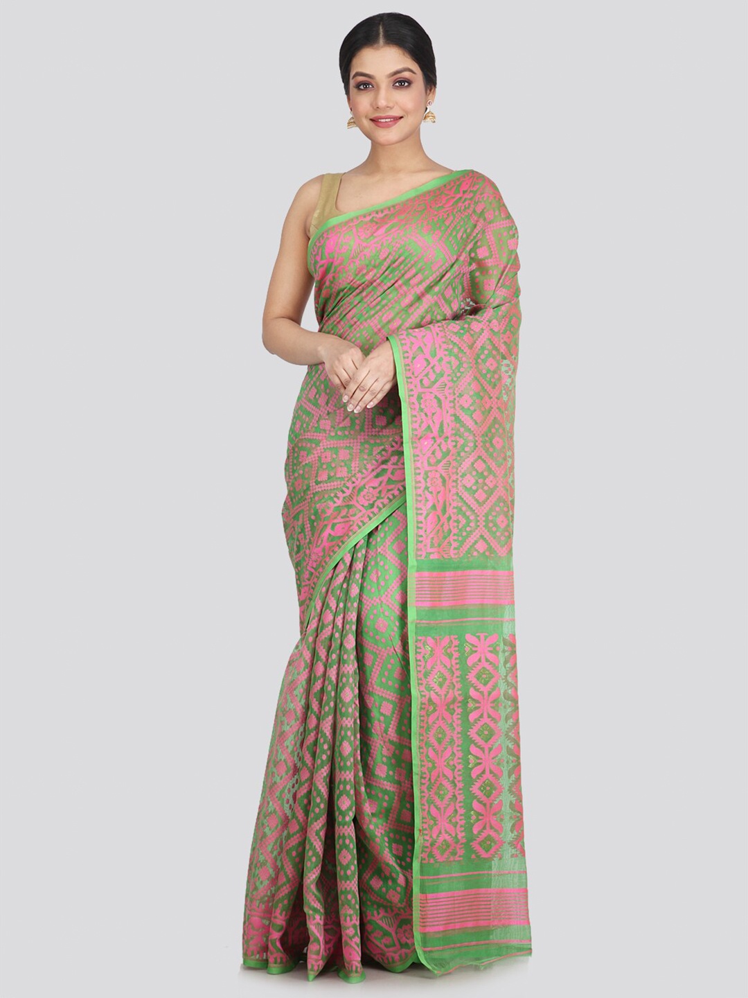 

PinkLoom Green & Pink Woven Design Pure Cotton Jamdani Saree