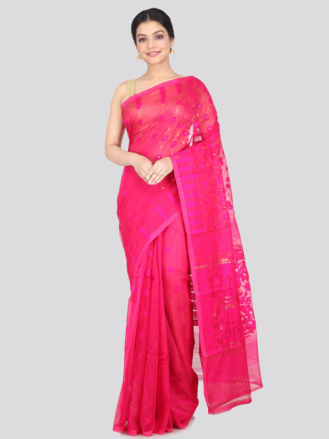 

PinkLoom Women Pink & Gold Jamdani Pure Cotton Woven Design Saree