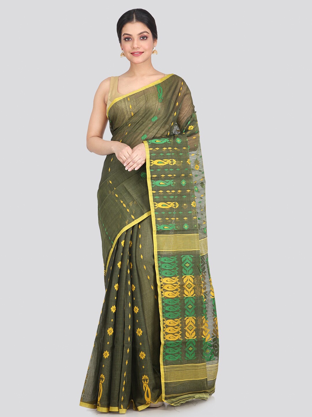 

PinkLoom Green & Yellow Woven Design Pure Cotton Jamdani Saree