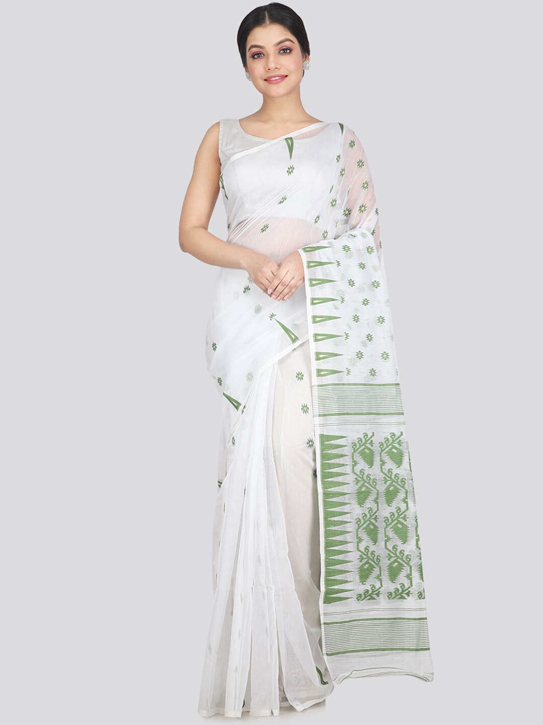 

PinkLoom White & Green Woven Design Pure Cotton Jamdani Saree