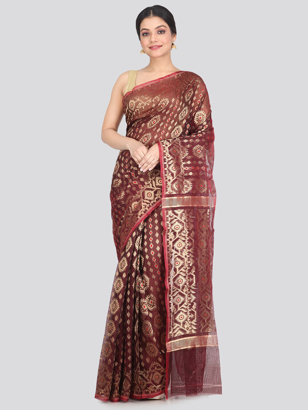 

PinkLoom Maroon & Gold-Toned Woven Design Pure Cotton Jamdani Saree