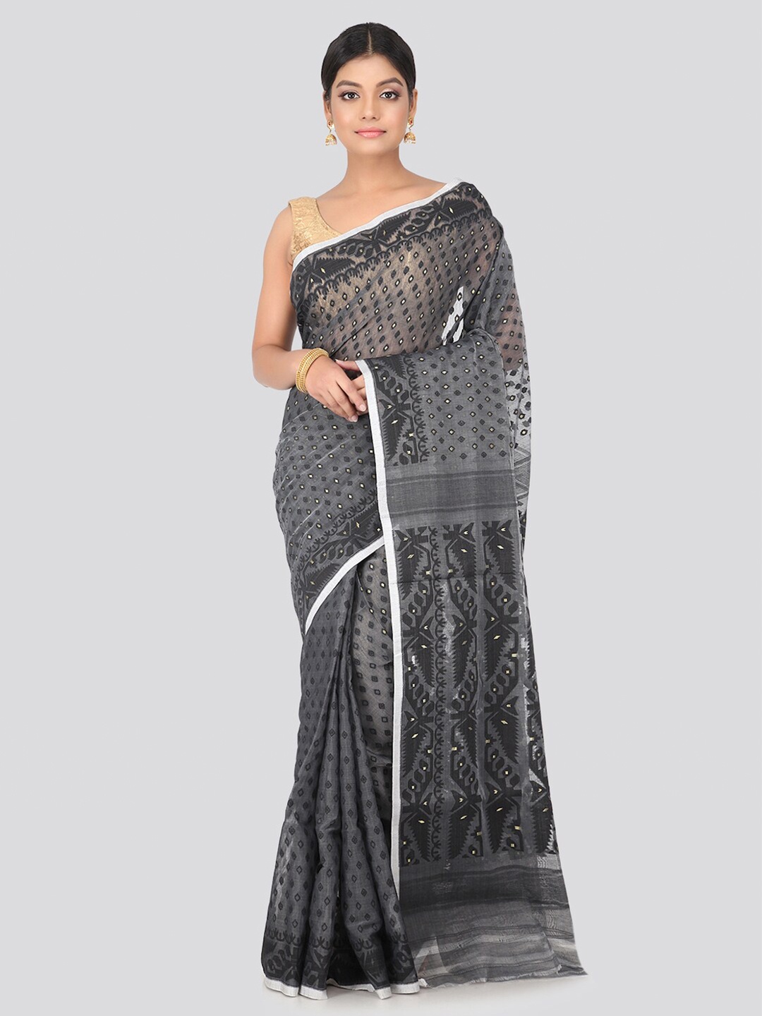 

PinkLoom Women Grey & Brown Woven Design Pure Cotton Jamdani Saree