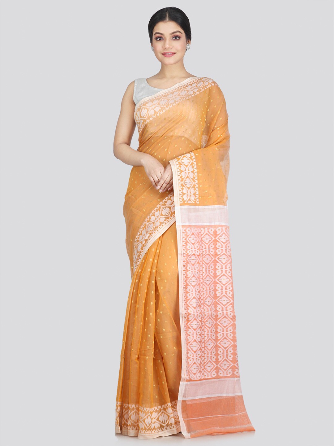 

PinkLoom Orange & White Woven Design Pure Cotton Jamdani Saree