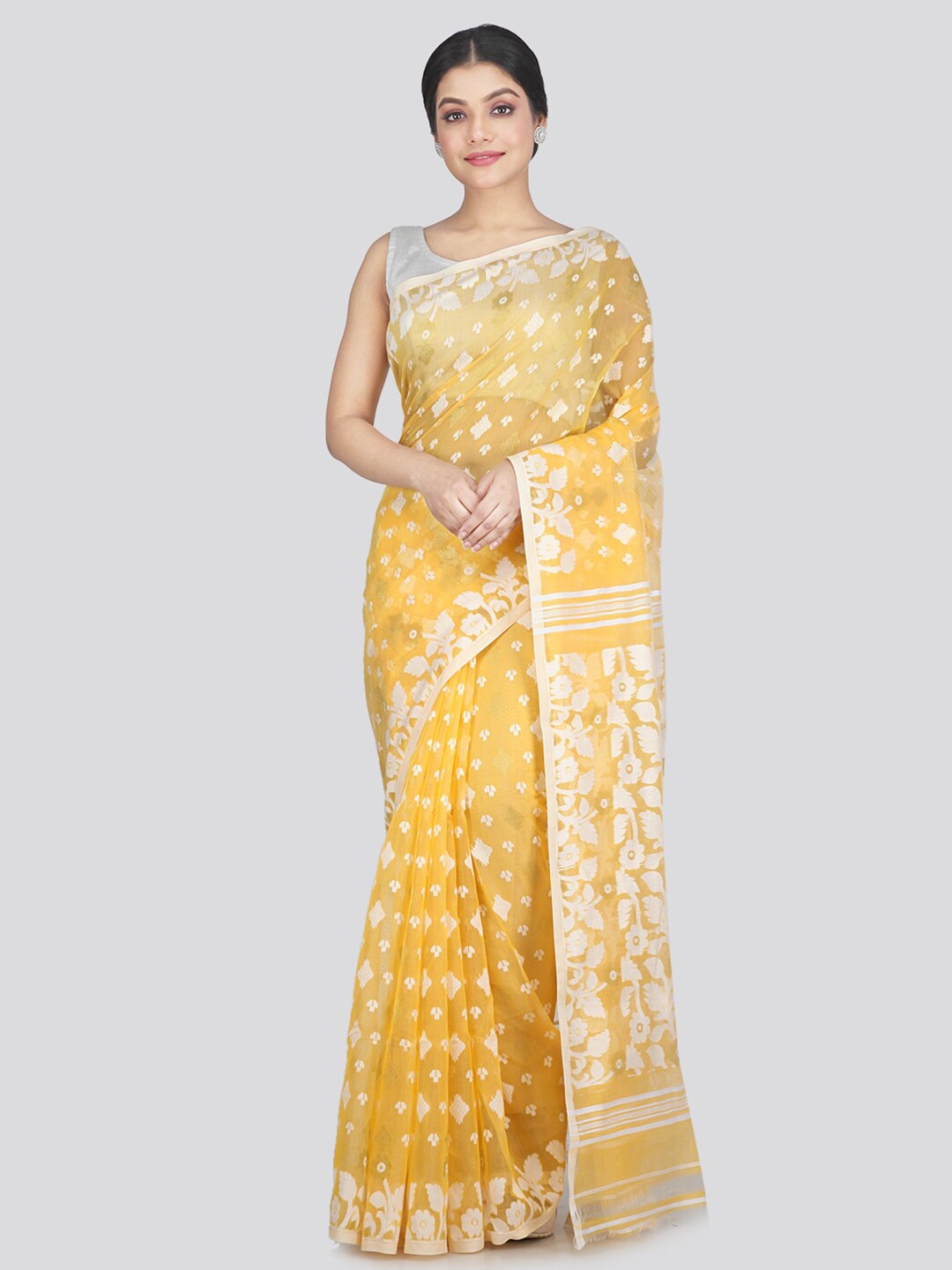 

PinkLoom Yellow & White Woven Design Pure Cotton Jamdani Saree