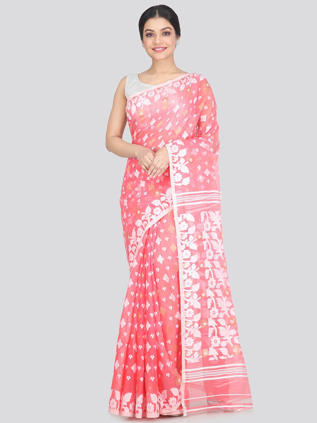 

PinkLoom Pink & White Woven Design Pure Cotton Jamdani Saree
