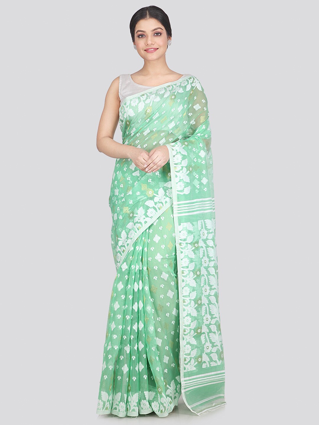 

PinkLoom Women Green & White Pure Cotton Jamdani Woven Design Saree