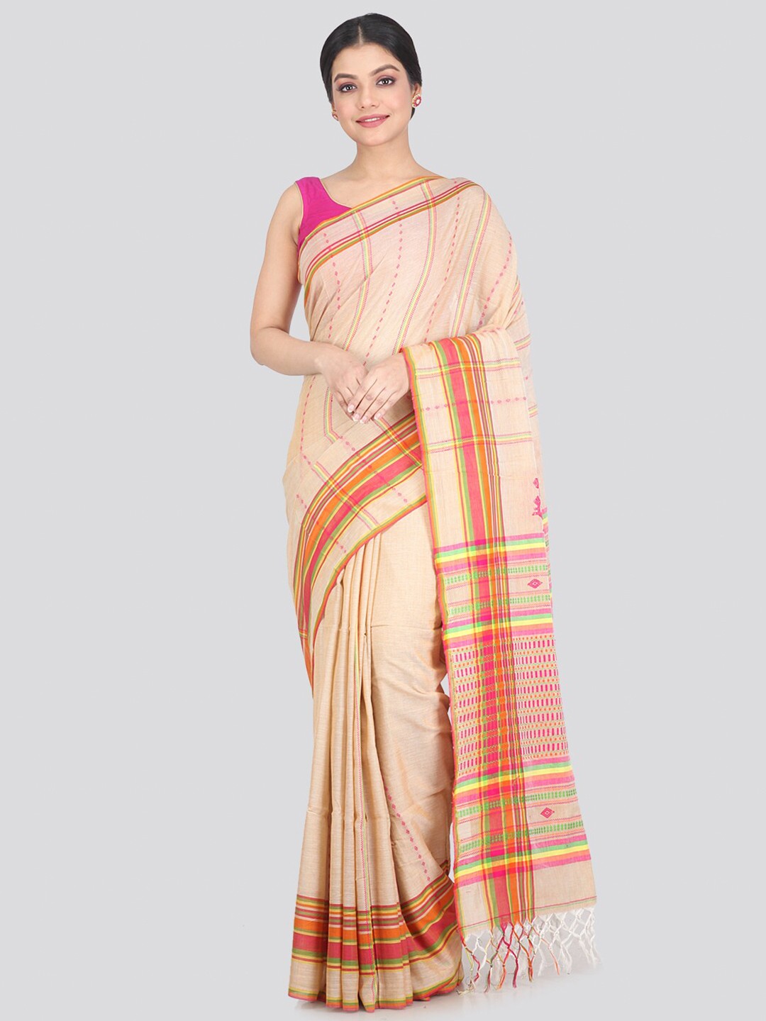 

PinkLoom Beige & Magenta Woven Design Pure Cotton Saree