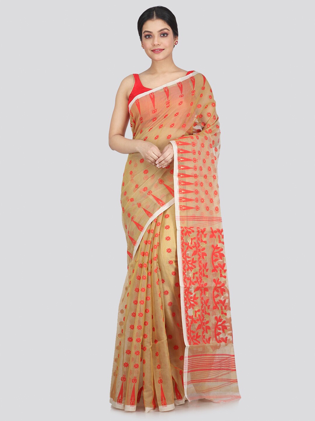

PinkLoom Beige & Red Woven Design Pure Cotton Jamdani Saree