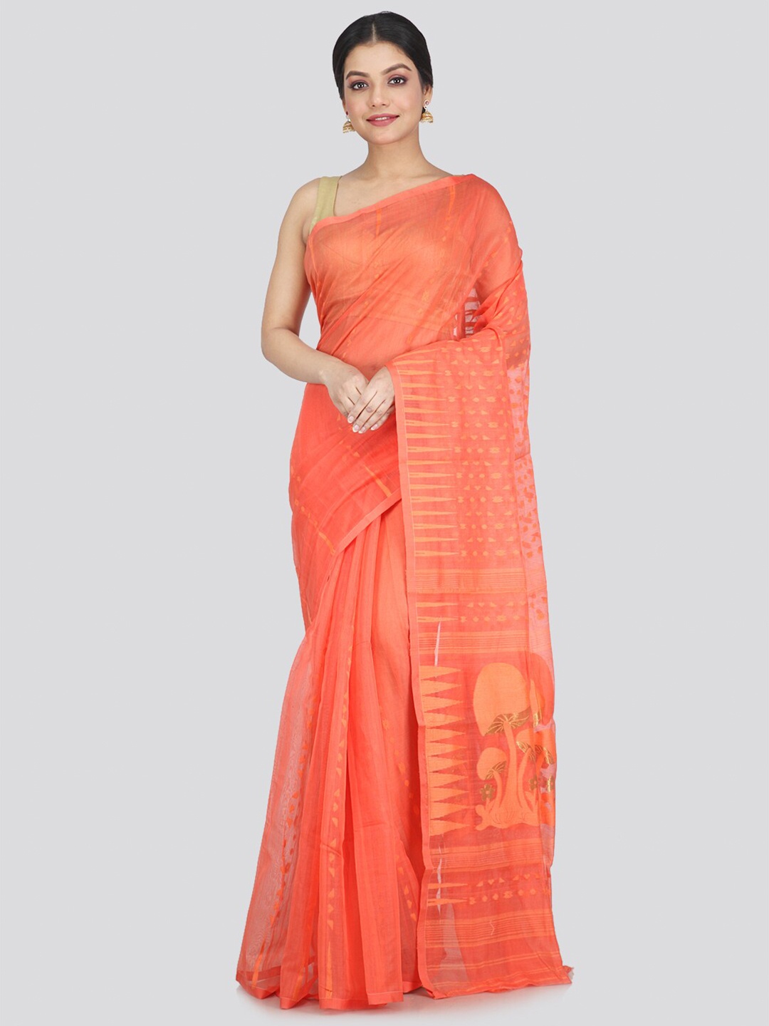 

PinkLoom Women Orange Pure Cotton Jamdani Woven Design Saree