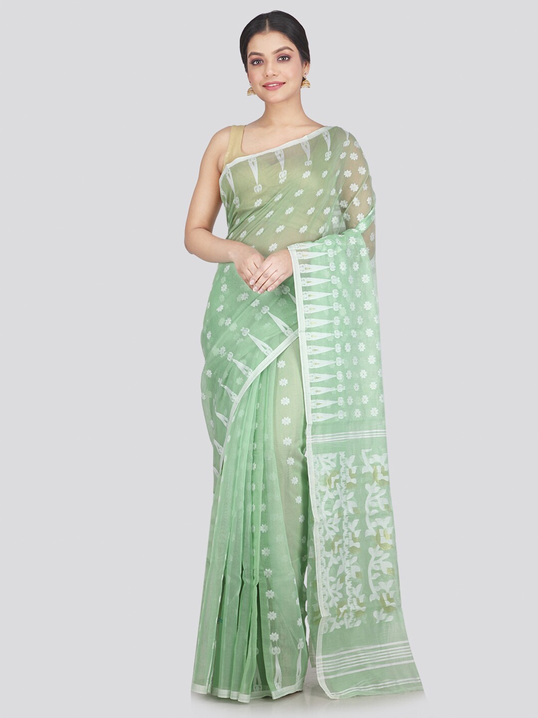 

PinkLoom Green & White Woven Design Pure Cotton Jamdani Saree