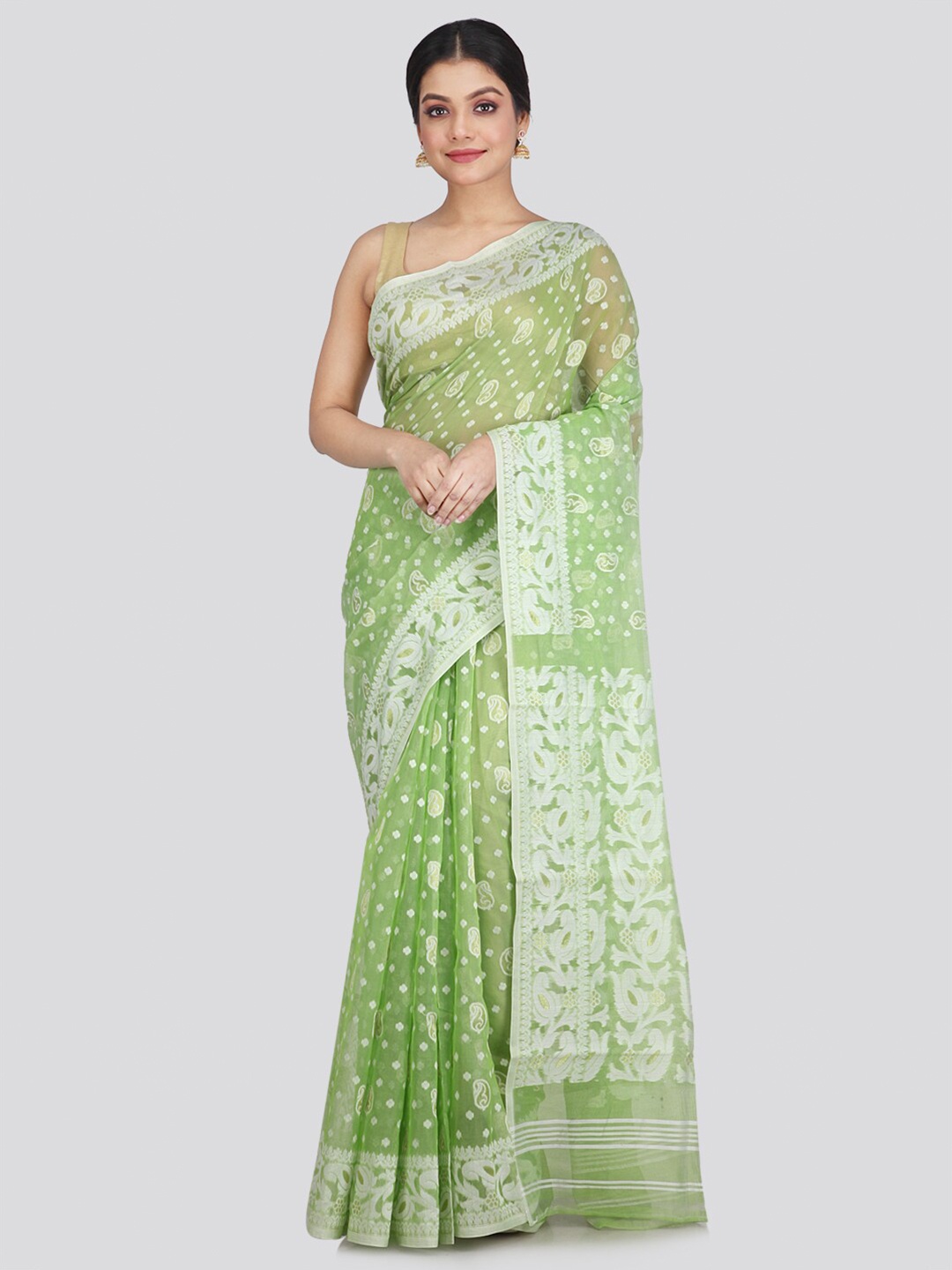

PinkLoom Green & White Woven Design Pure Cotton Jamdani Saree