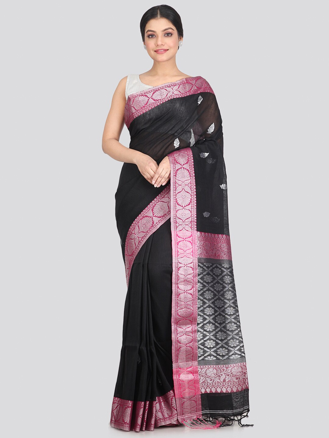 

PinkLoom Black & Pink Woven Design Zari Pure Linen Saree