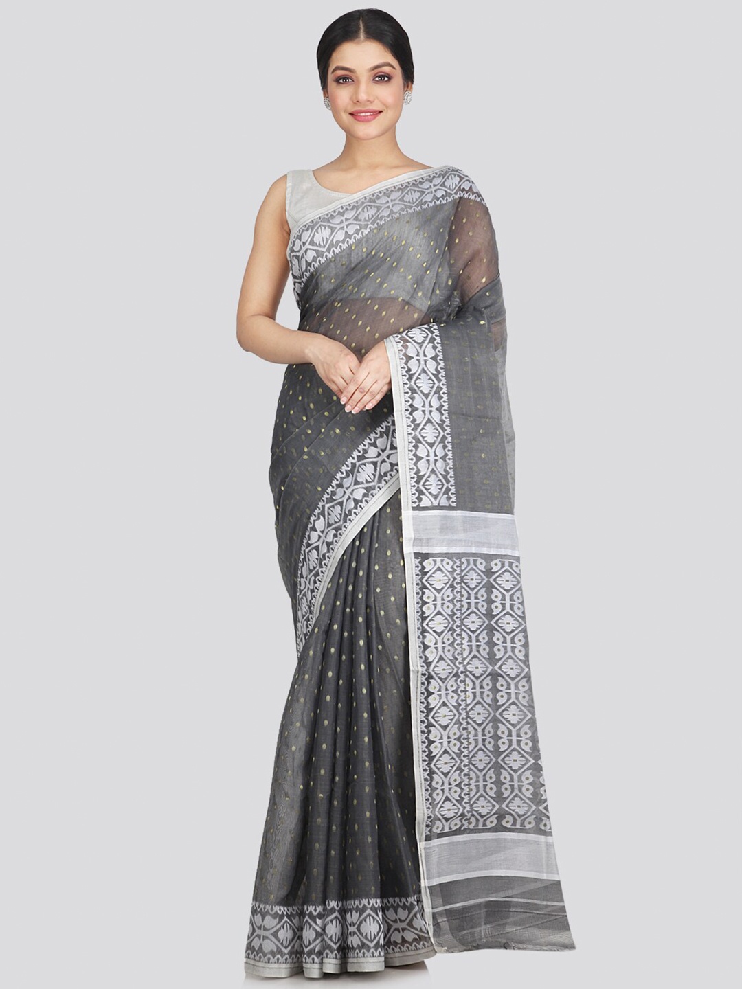 

PinkLoom Grey & White Woven Design Pure Cotton Jamdani Saree