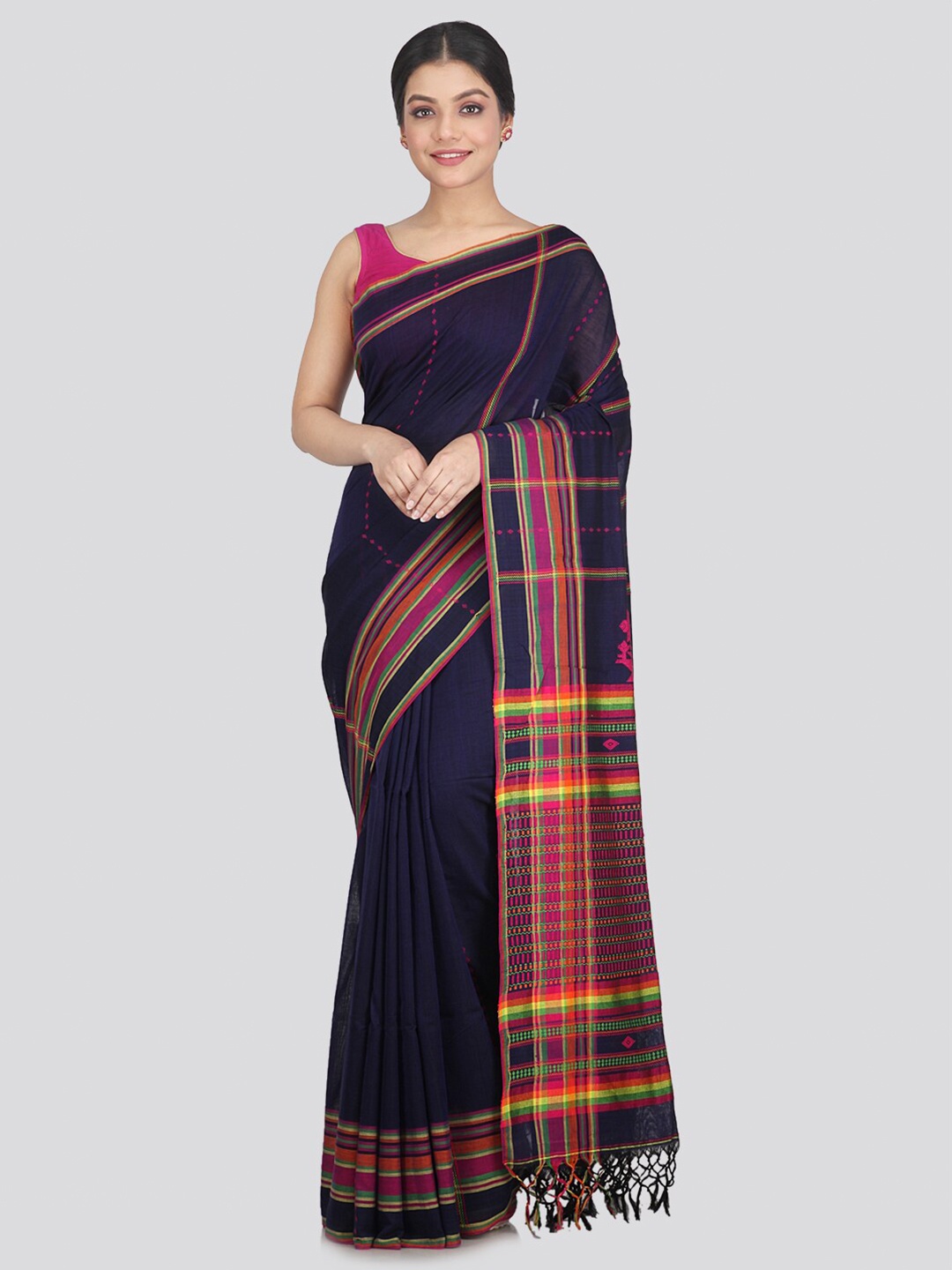 

PinkLoom Navy Blue & Multicoloured Woven Design Pure Cotton Saree