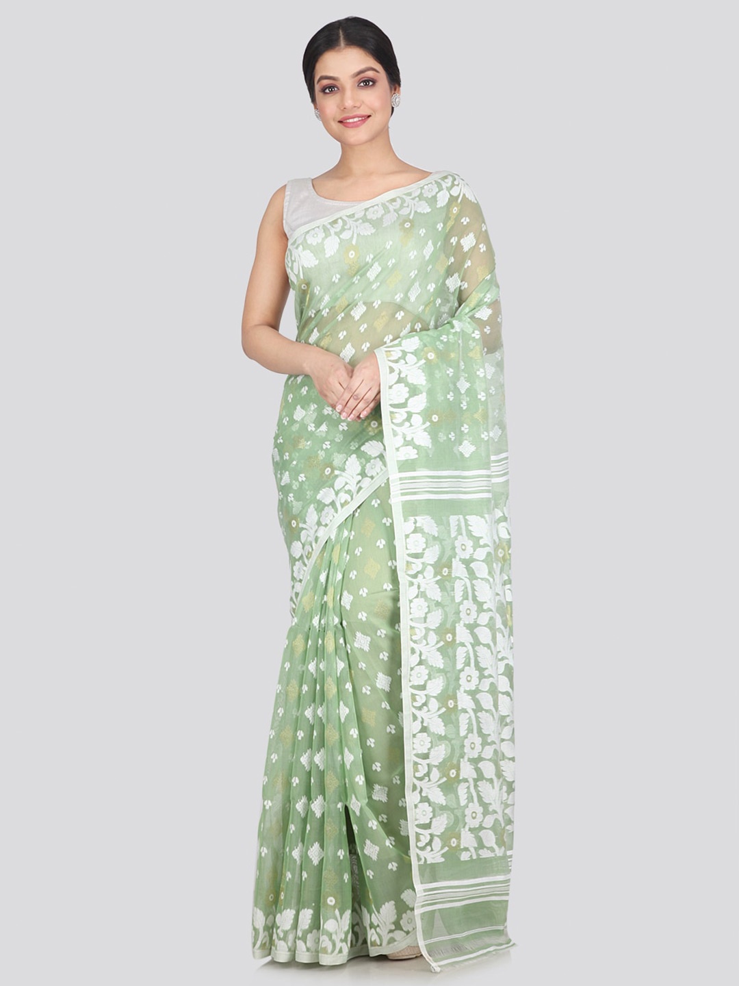 

PinkLoom Green & White Woven Design Pure Cotton Jamdani Saree