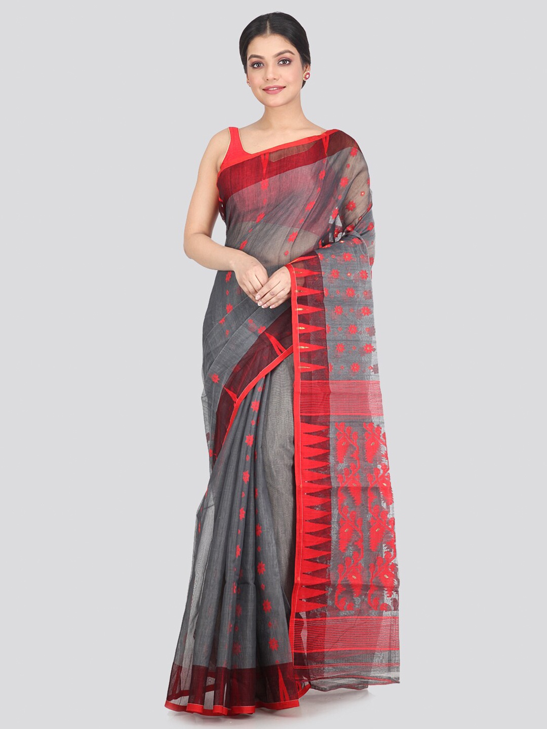 

PinkLoom Grey & Red Woven Design Pure Cotton Jamdani Saree