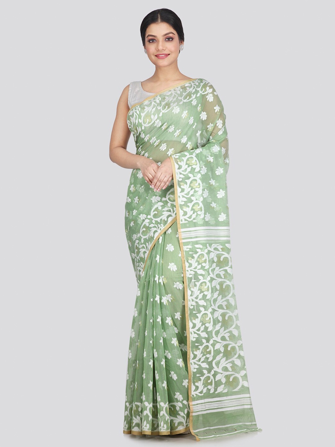 

PinkLoom Green & White Woven Design Pure Cotton Jamdani Saree