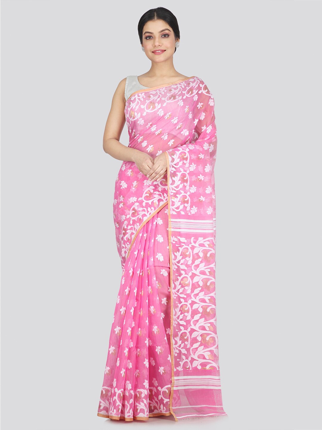 

PinkLoom Pink & White Woven Design Pure Cotton Jamdani Saree