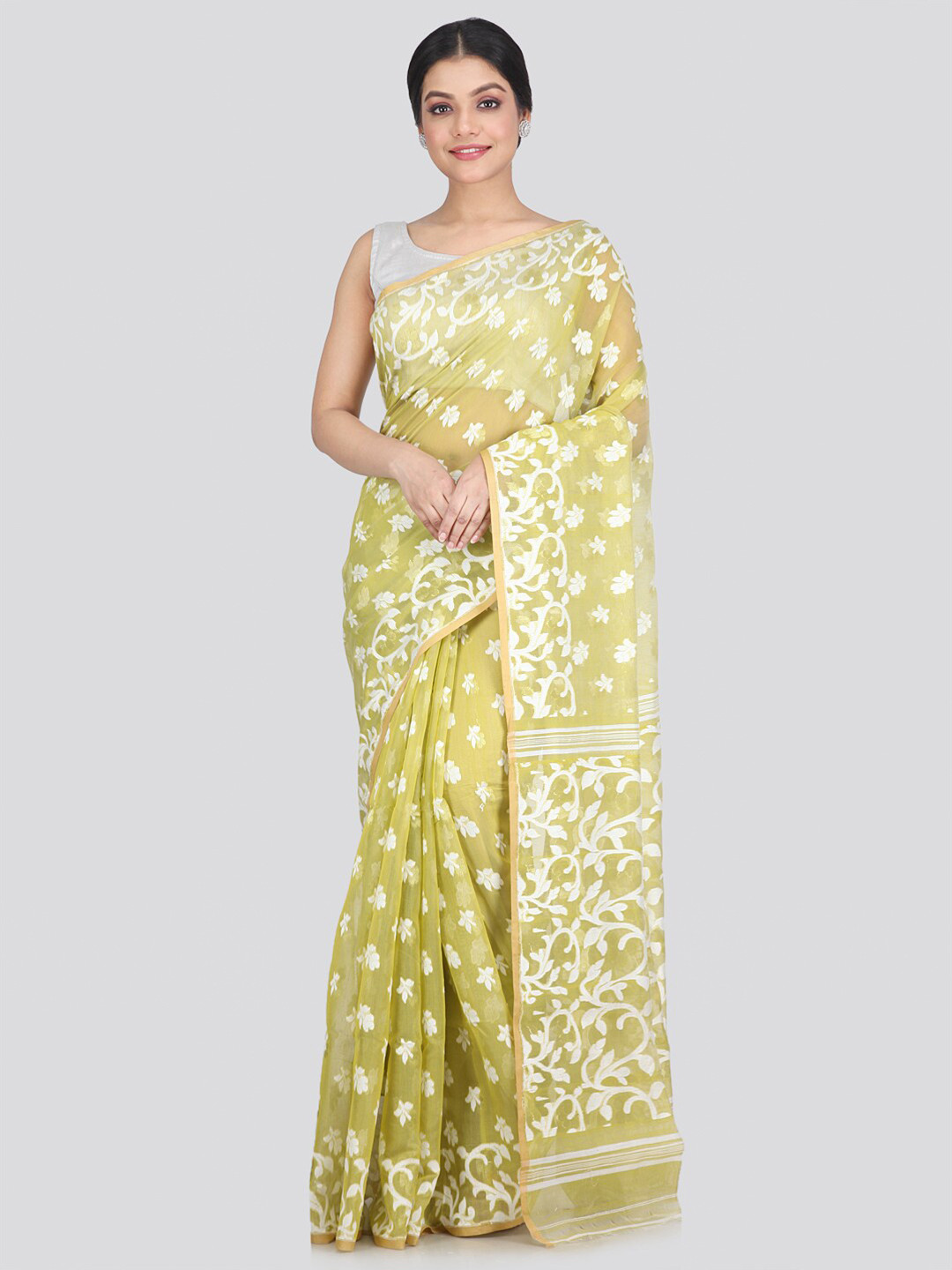 

PinkLoom Yellow & White Woven Design Pure Cotton Jamdani Saree