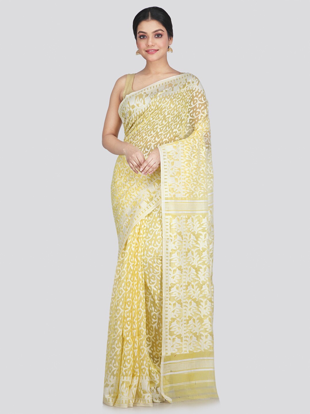 

PinkLoom Women Yellow & White Pure Cotton Jamdani Woven Design Saree