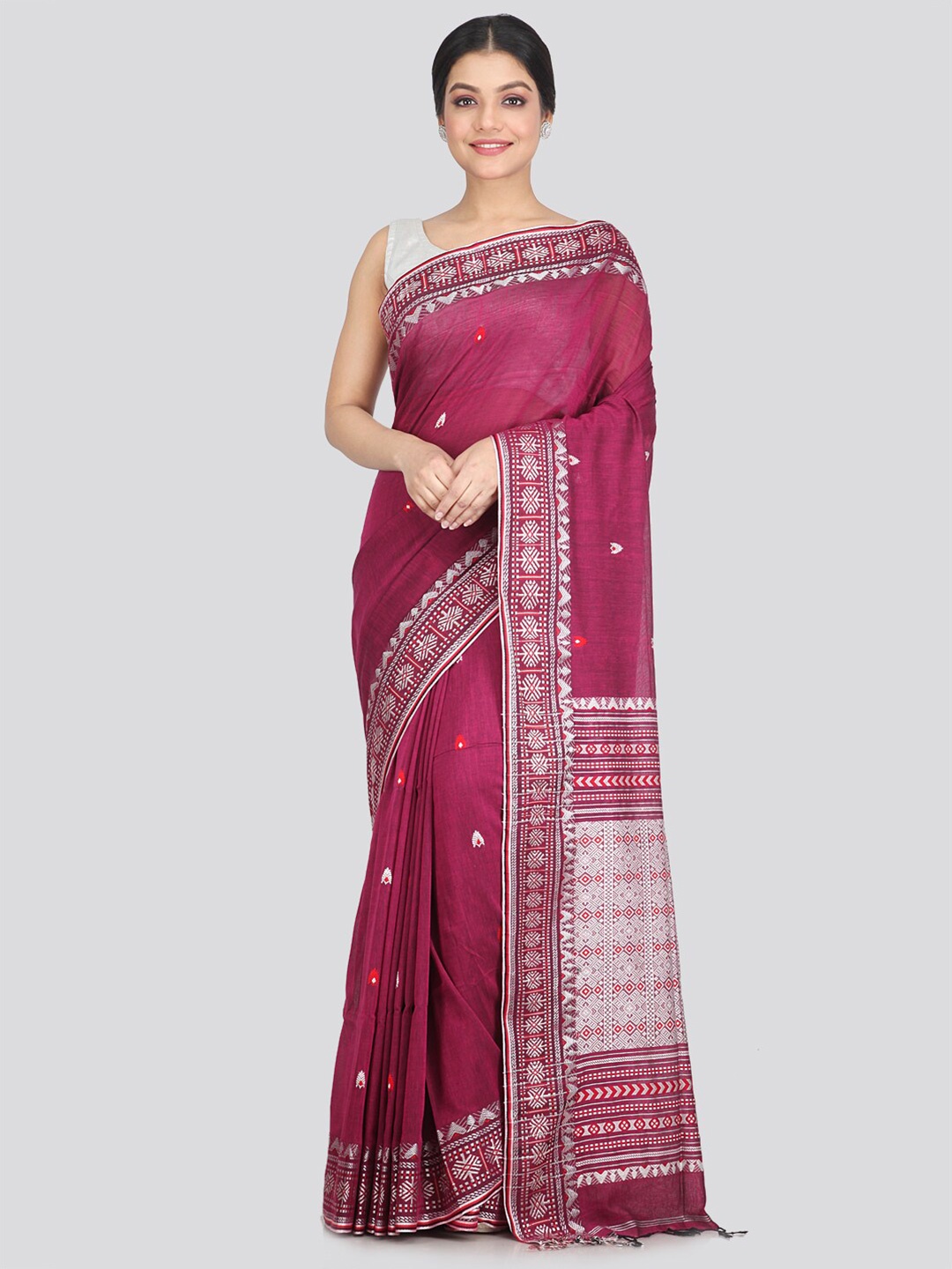 

PinkLoom Maroon & Silver-Toned Woven Design Pure Cotton Saree