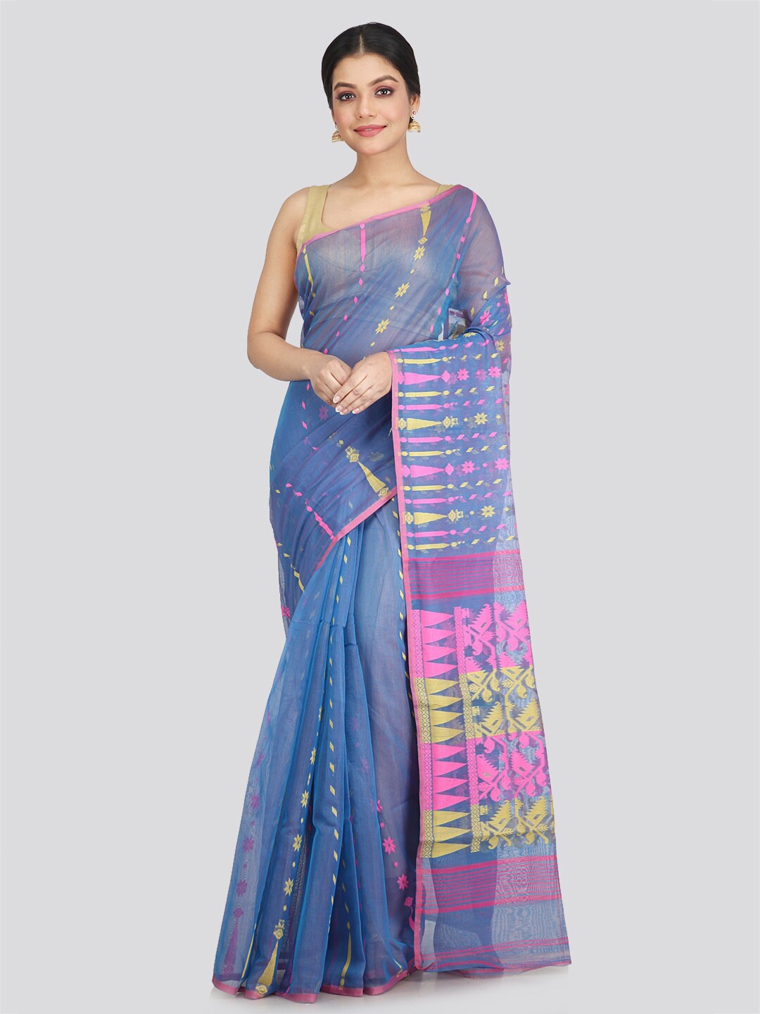 

PinkLoom Blue & Pink Woven Design Pure Cotton Jamdani Saree