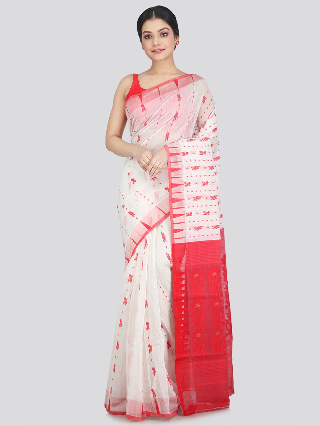 

PinkLoom White & Red Woven Design Pure Cotton Jamdani Saree