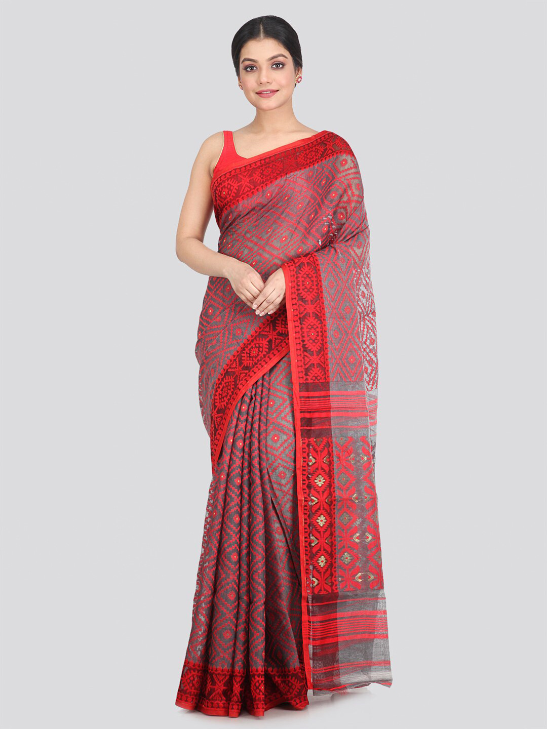 

PinkLoom Women Grey & Red Pure Cotton Jamdani Woven Design Saree