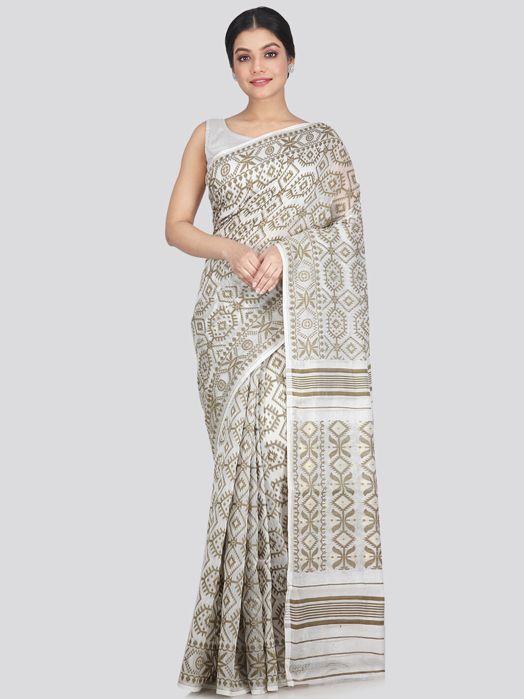 

PinkLoom Women's Pure Cotton Off White Woven Design Saree
