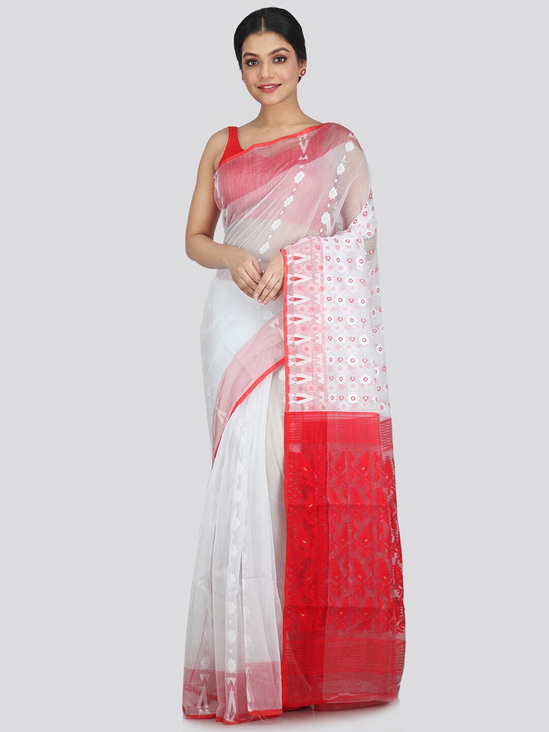 

PinkLoom White & Red Woven Design Pure Cotton Jamdani Saree