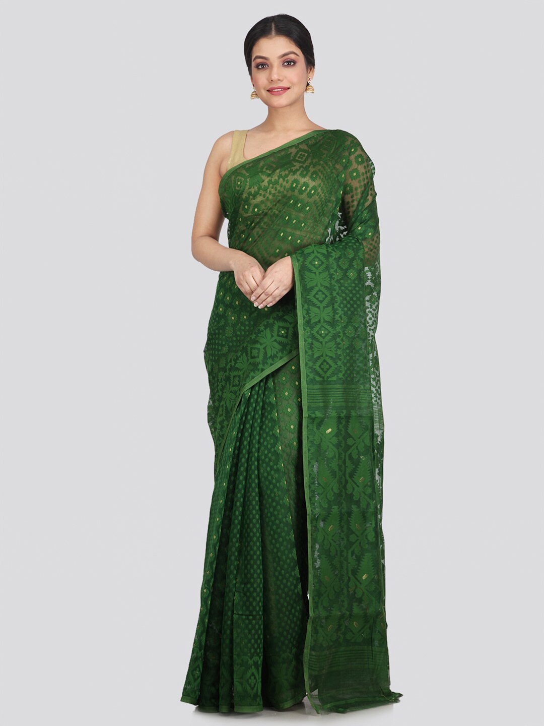 

PinkLoom Green Woven Design Pure Cotton Jamdani Saree