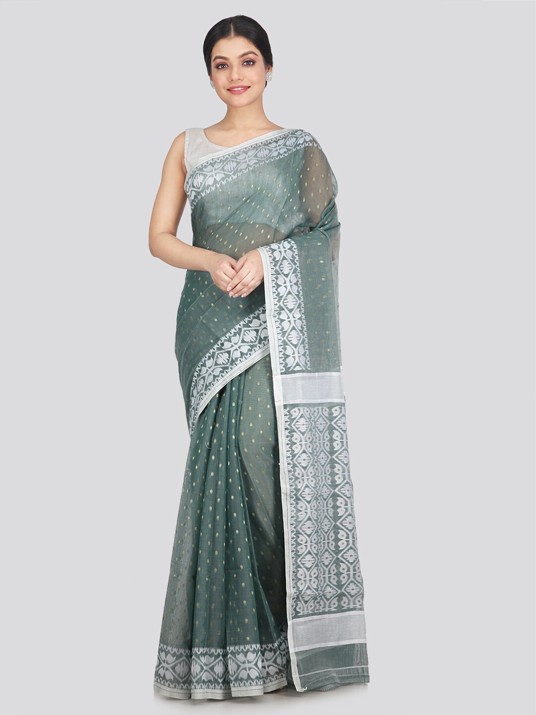 

PinkLoom Grey & White Woven Design Pure Cotton Jamdani Saree