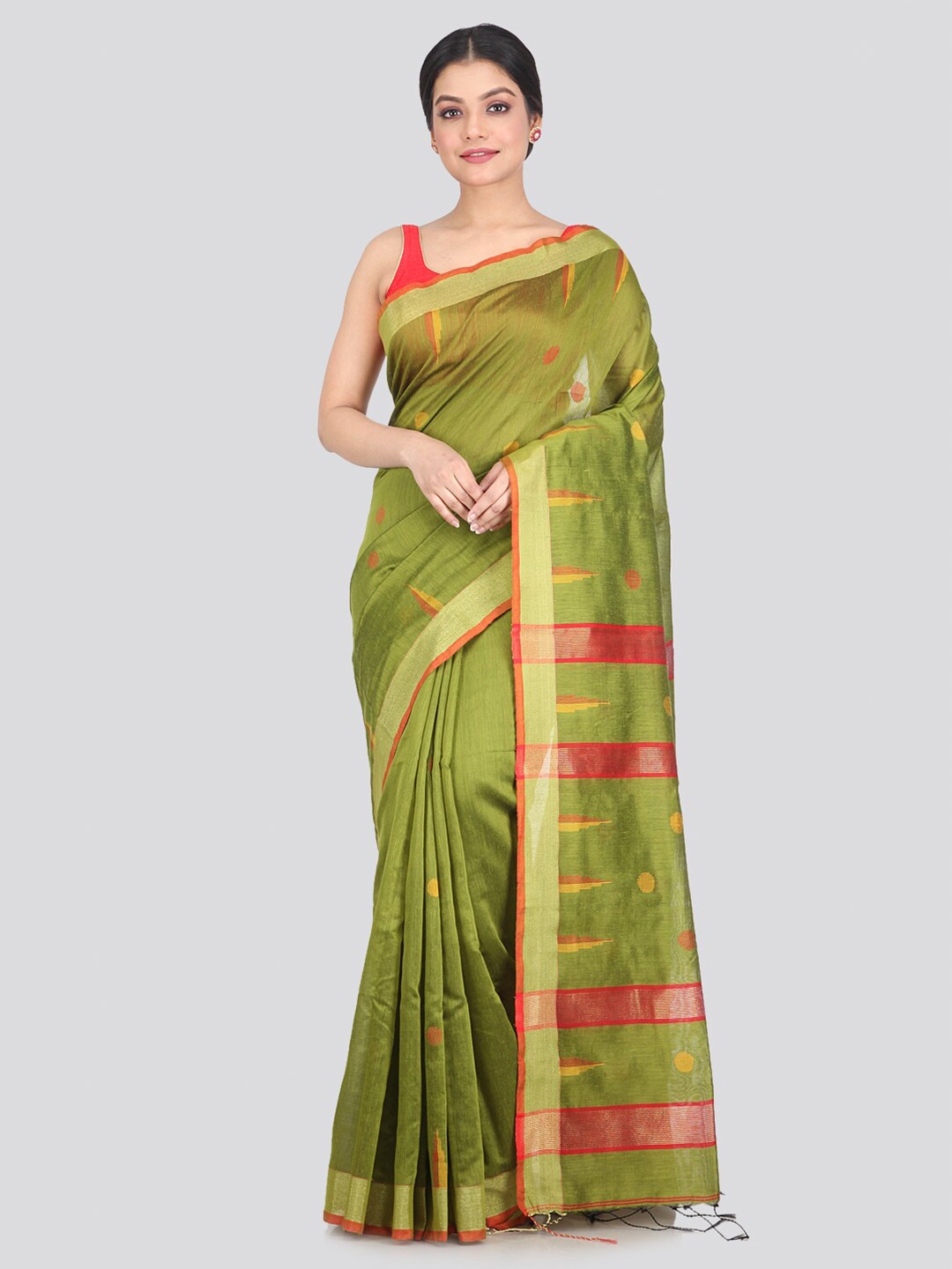 

PinkLoom Green & Red Woven Design Saree