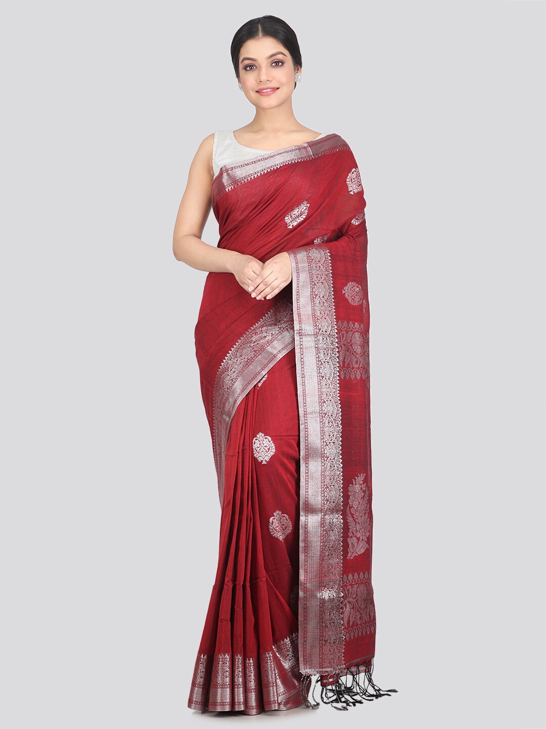 

PinkLoom Maroon & Silver-Toned Ethnic Motifs Zari Pure Cotton Saree