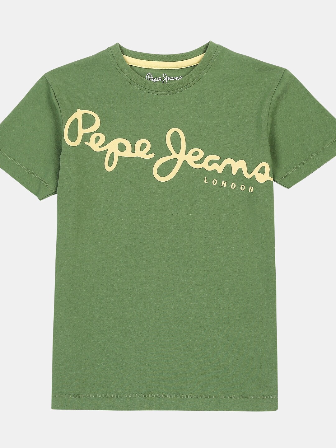 

Pepe Jeans Boys Olive Green & Yellow Brand Logo Printed Cotton T-shirt
