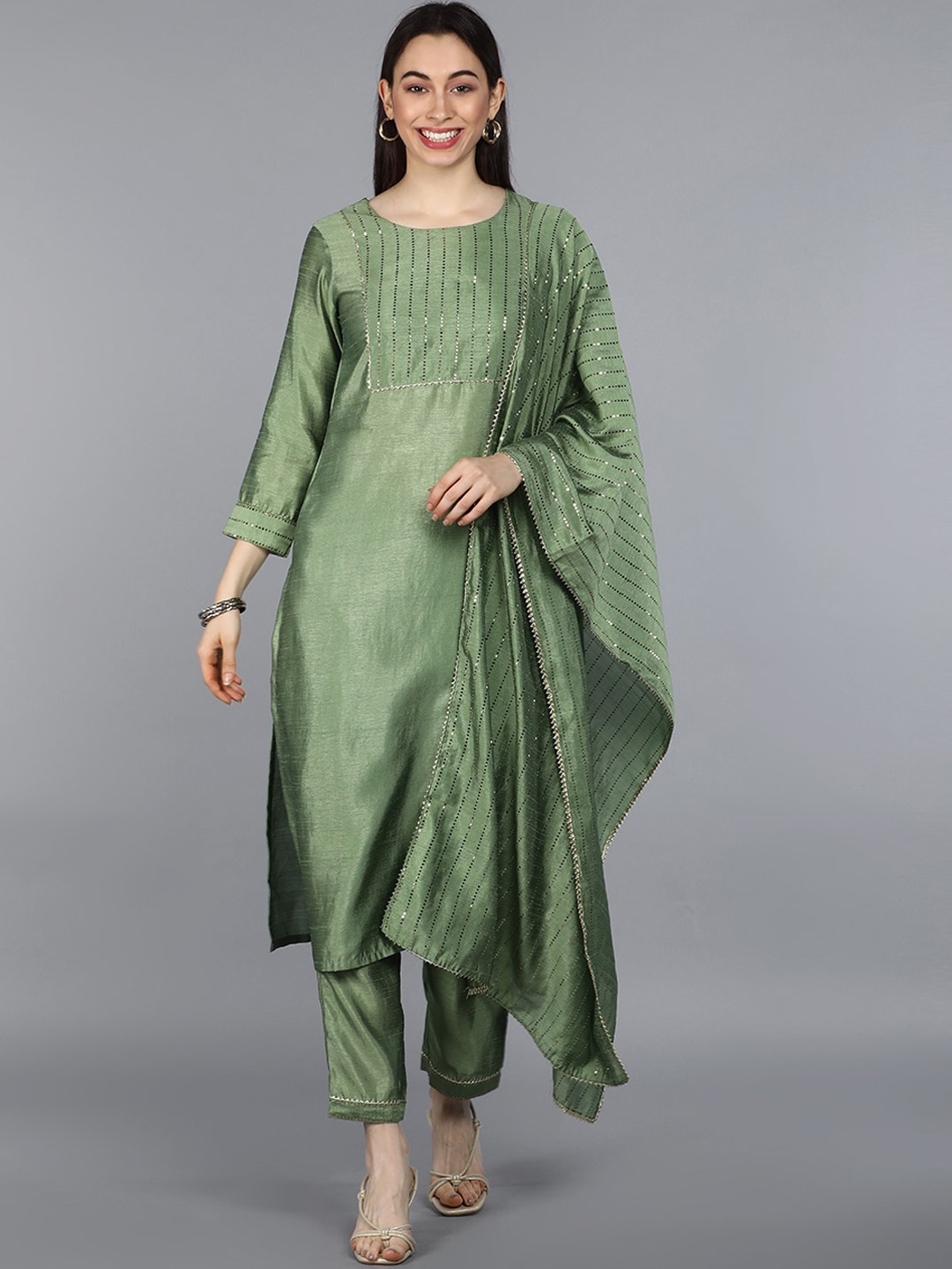 

AHIKA Women Green Embellished Kurta with Trousers & Dupatta