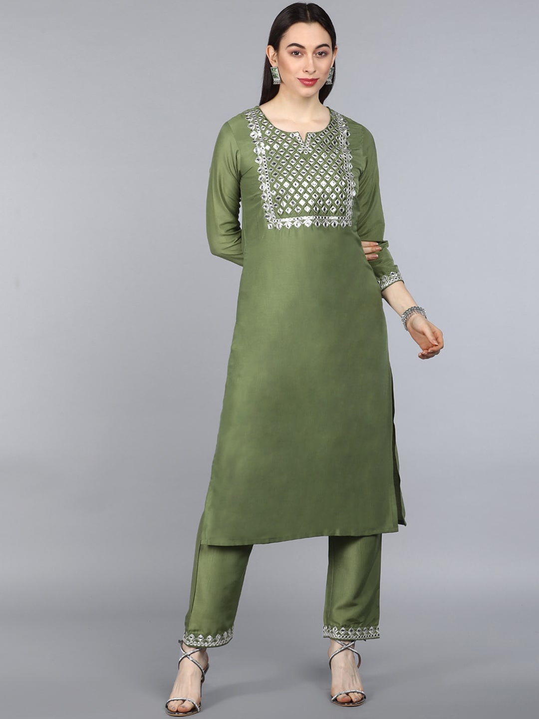 

AHIKA Women Green Embroidered Kurta with Trousers