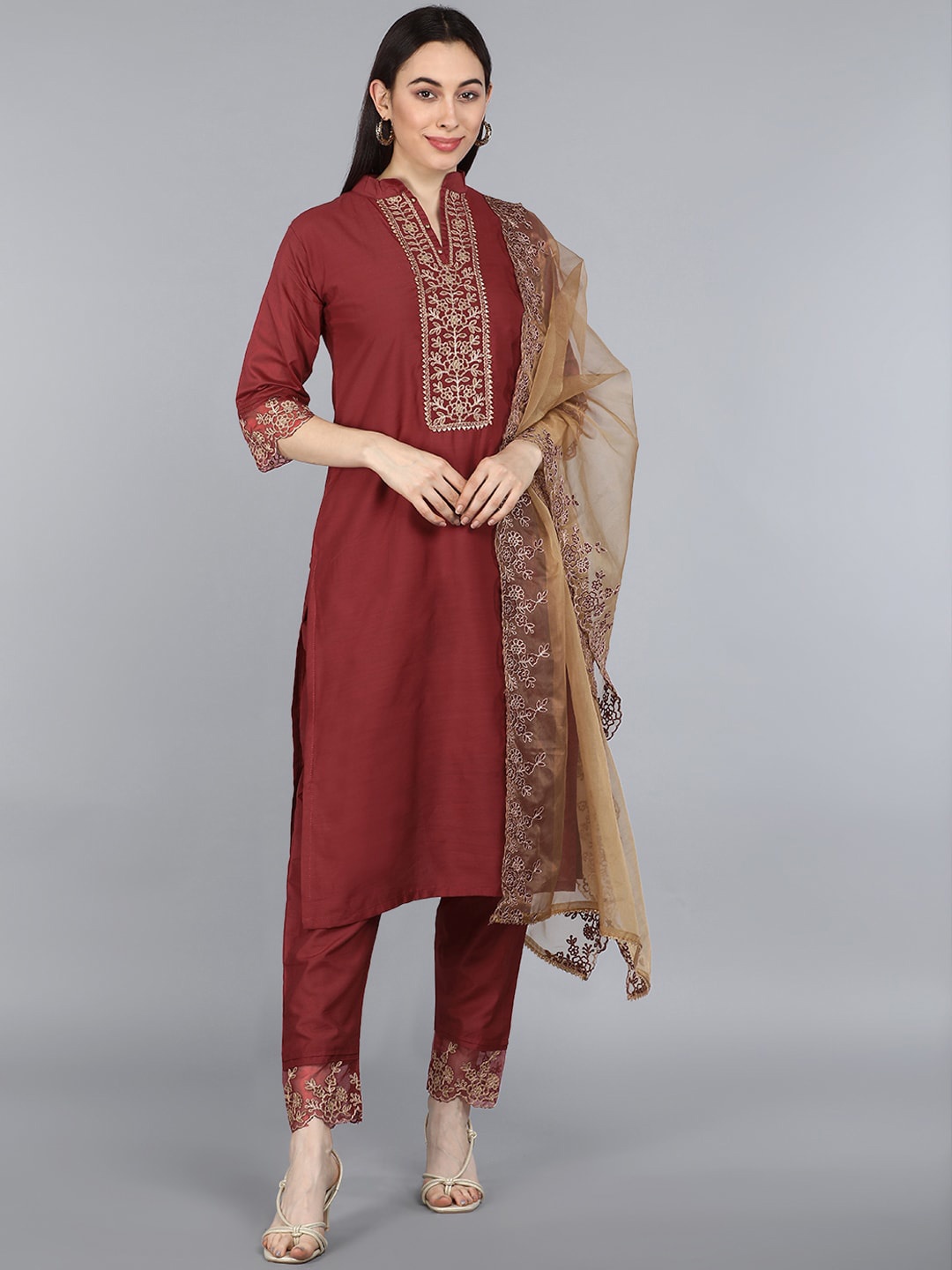 

AHIKA Women Red Paisley Embroidered Kurta with Trousers & Dupatta