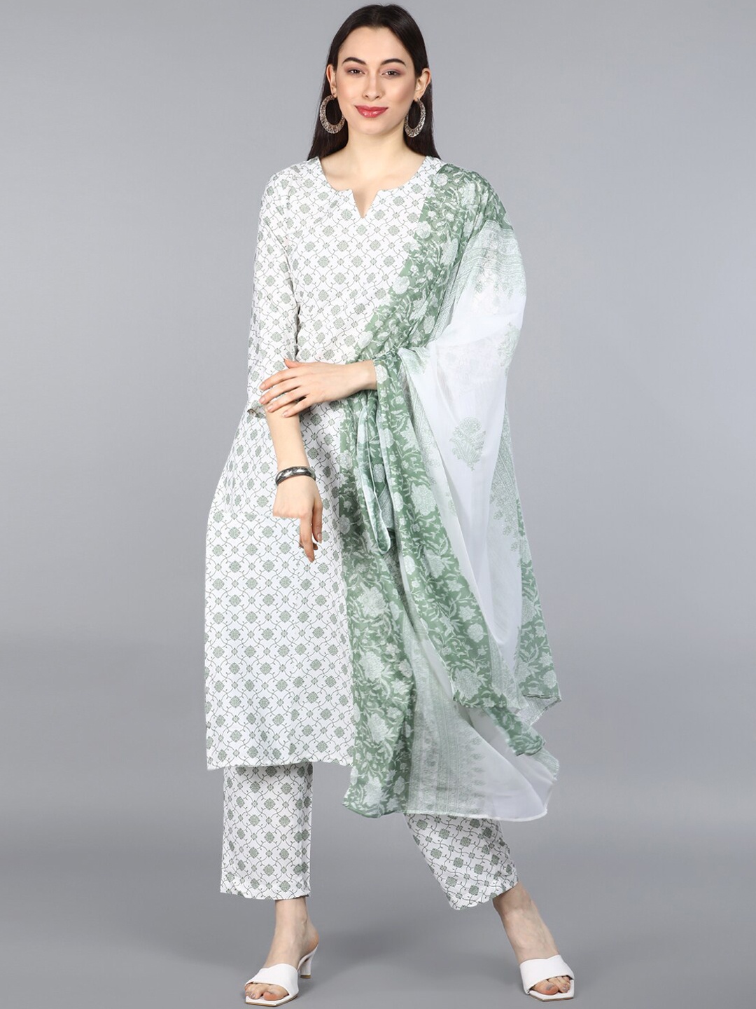 

AHIKA Women White Floral Printed Kurta with Trousers & Dupatta