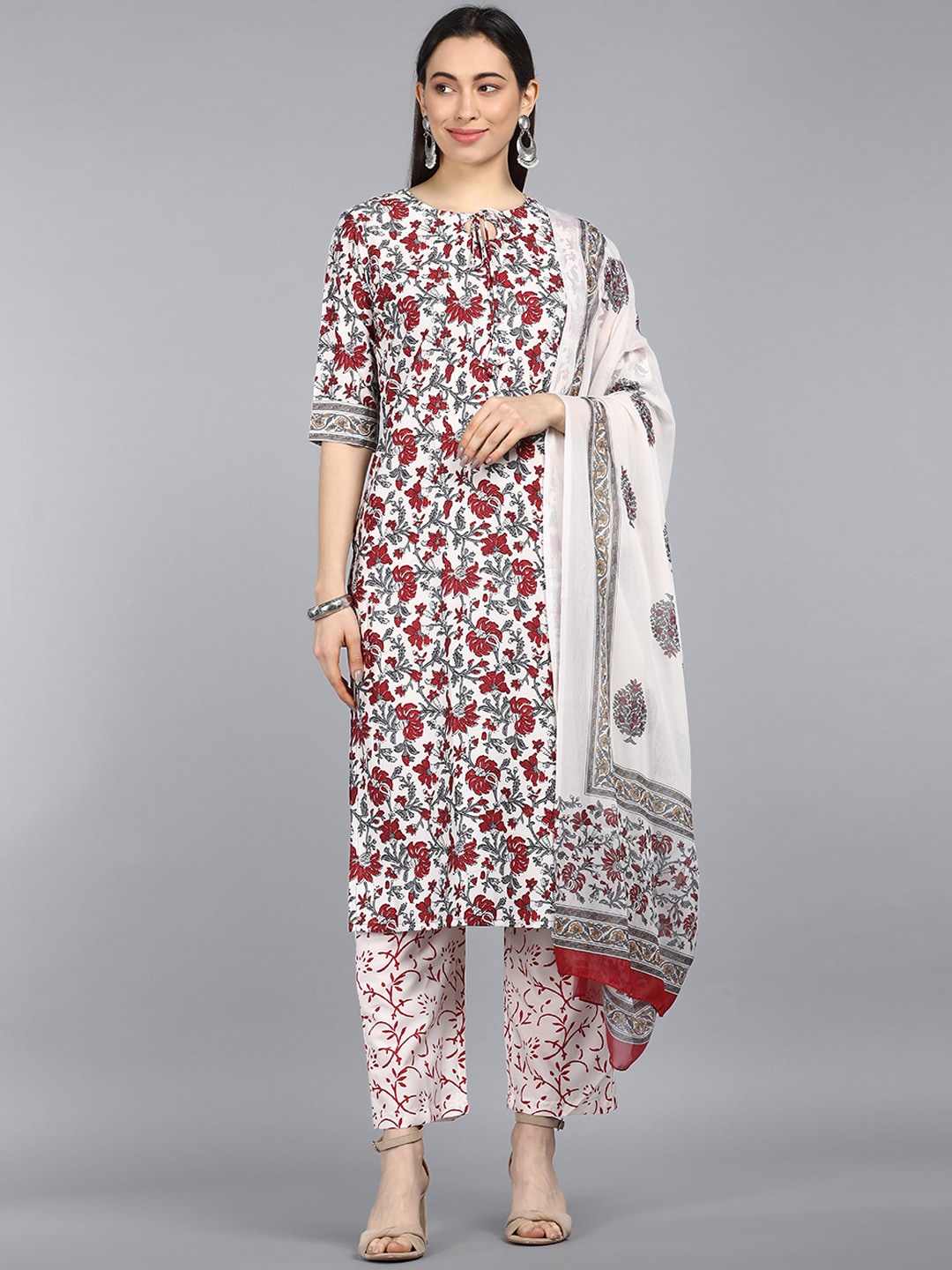 

AHIKA Women White Floral Printed Kurta with Trousers & With Dupatta