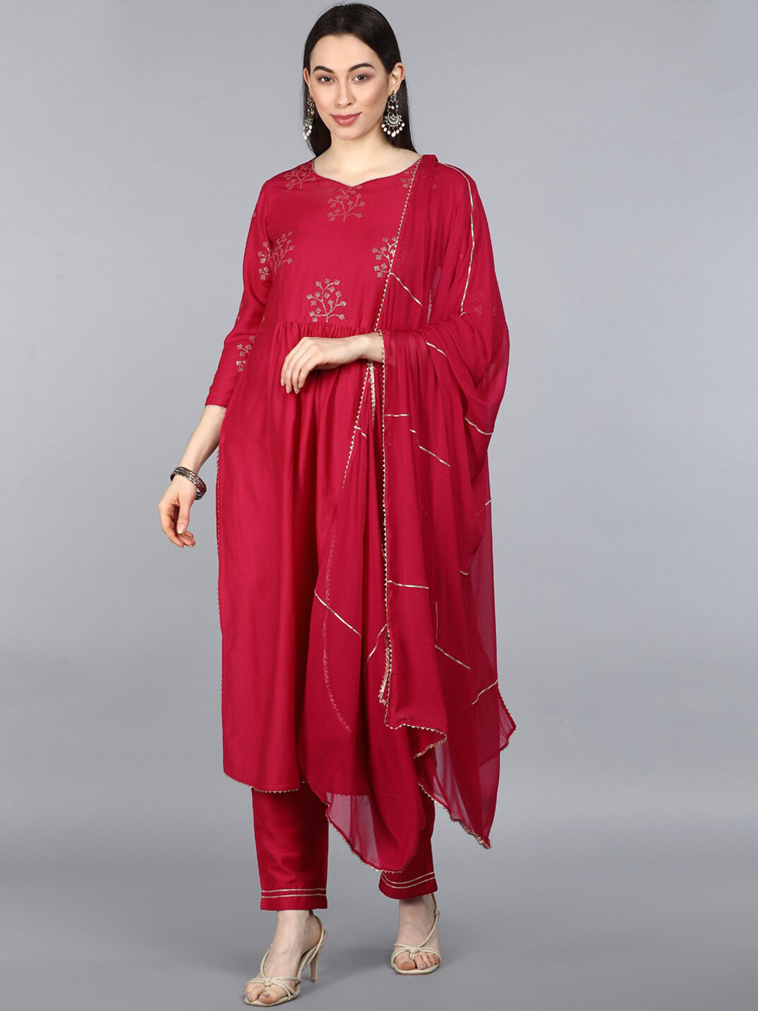 

AHIKA Women Red Floral Embroidered Kurta with Trousers & Dupatta