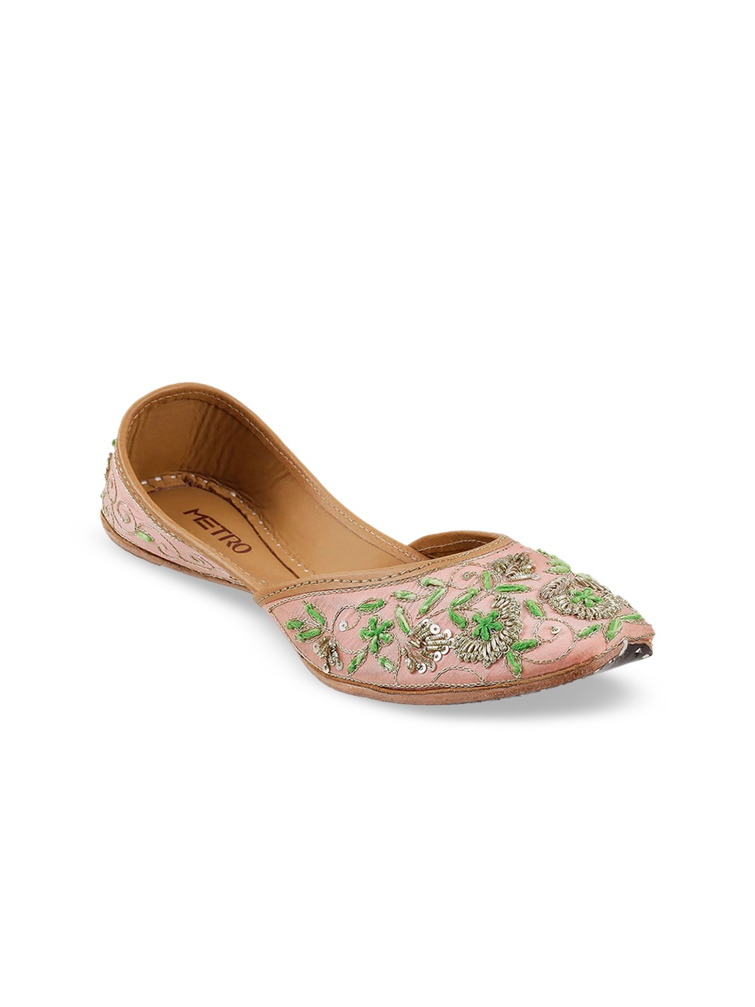 

Metro Women Peach-Coloured & Green Embellished Mojaris