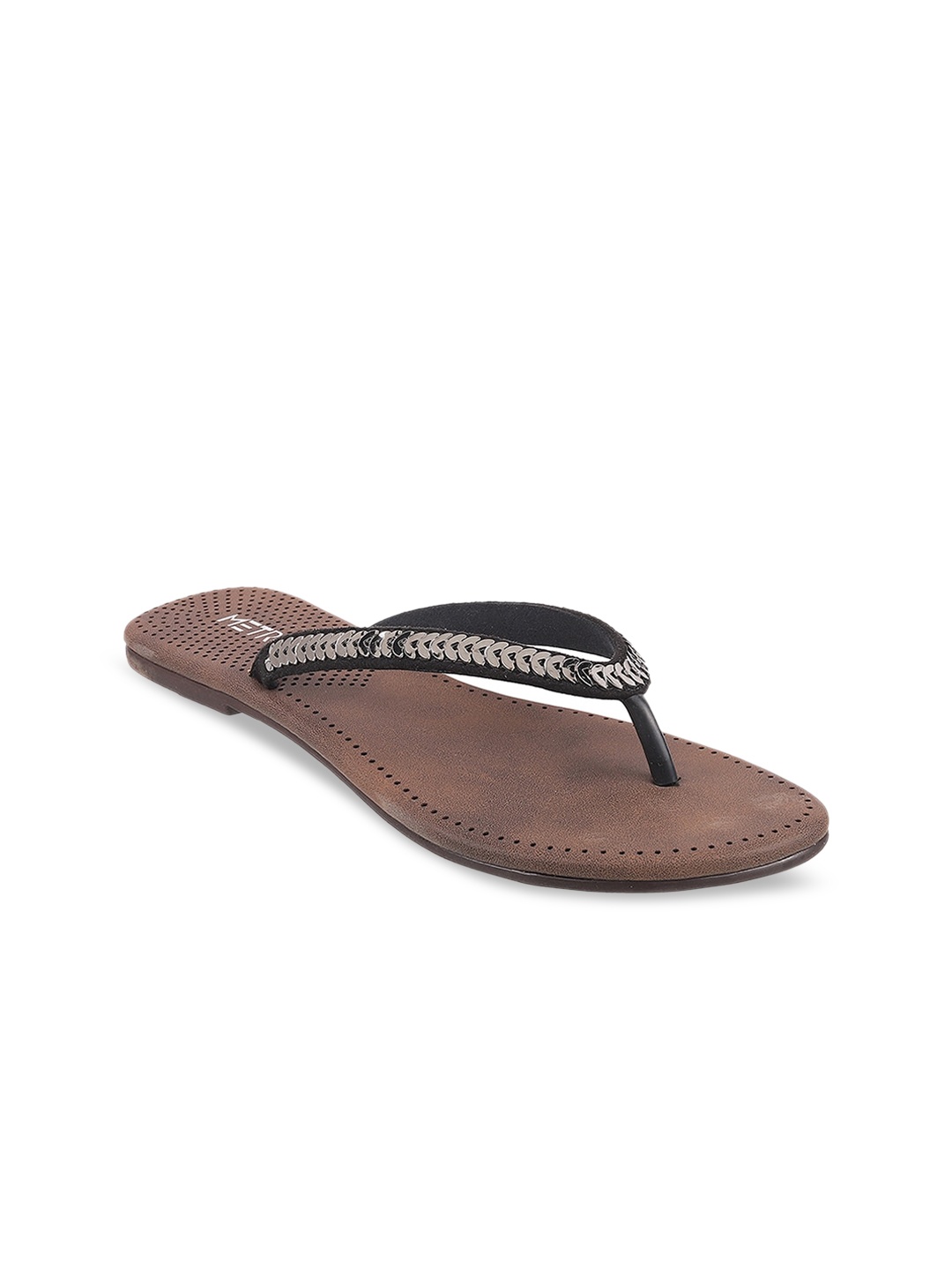 

Metro Women Black & Silver-Toned Embellished T-Strap Flats