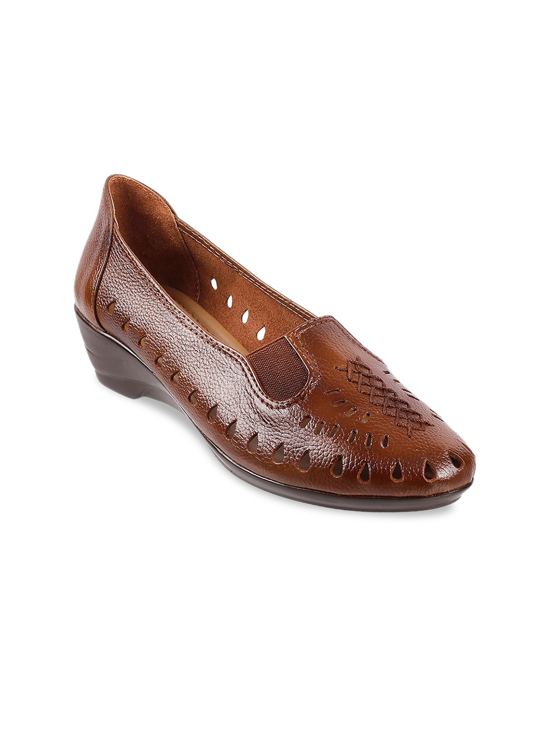 

Metro Women Tan Brown Textured Leather Comfort Heels with Laser Cuts