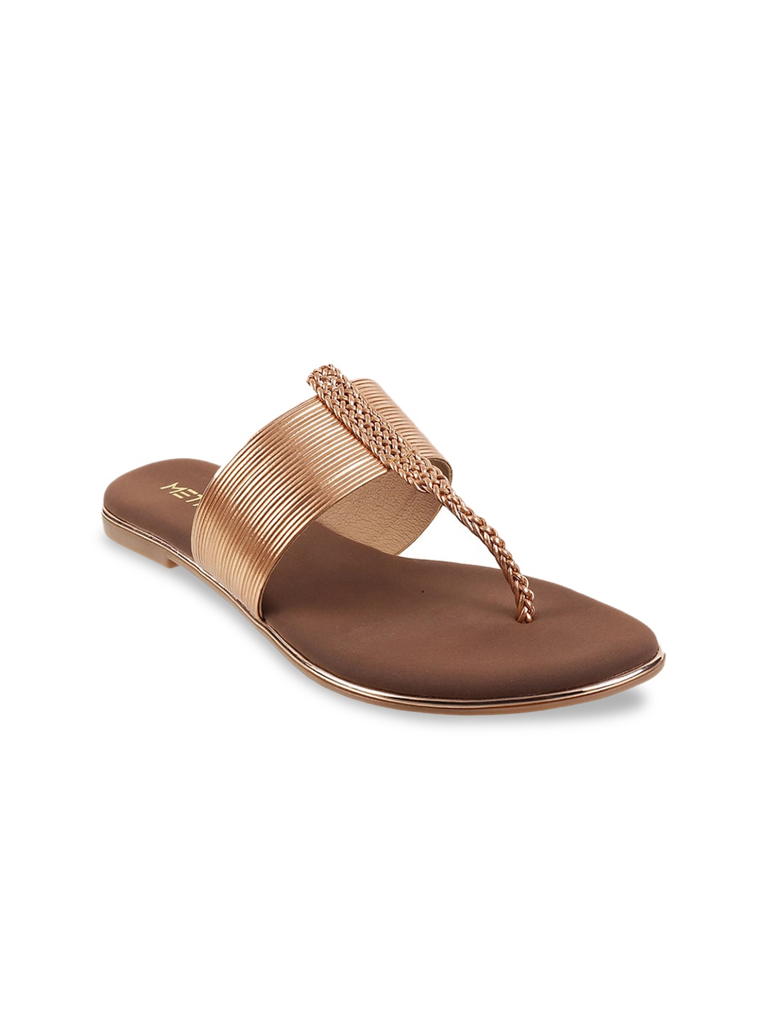 

Metro Women Tan Brown & Rose Gold-Toned T-Strap Flats