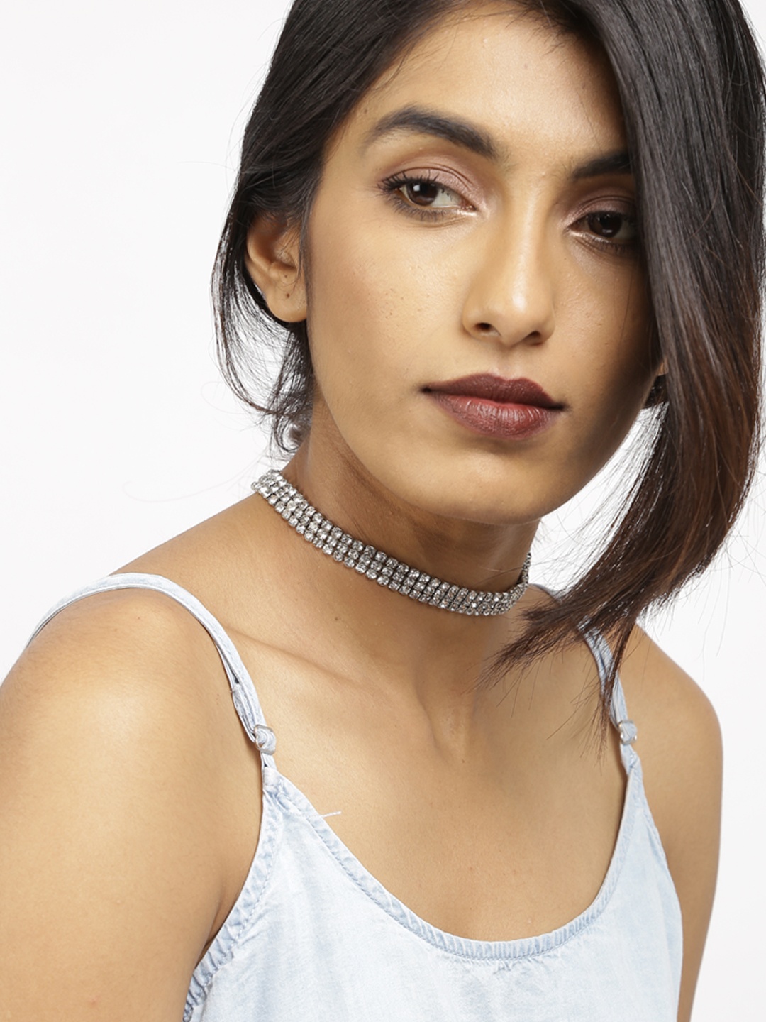 

OOMPH Silver-Toned Stone-Studded Choker Necklace