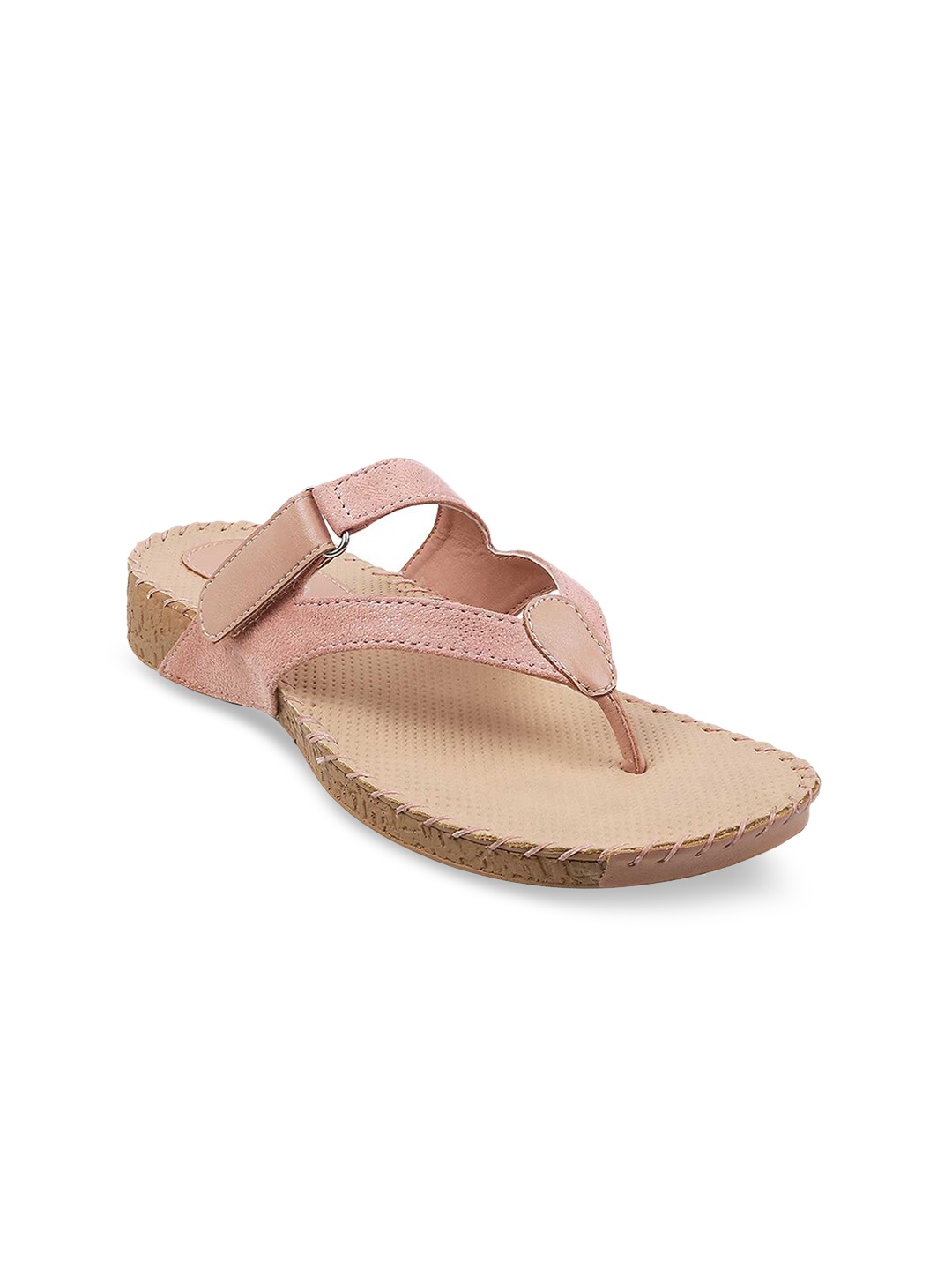 

Metro Women Peach-Coloured Textured T-Strap Flats