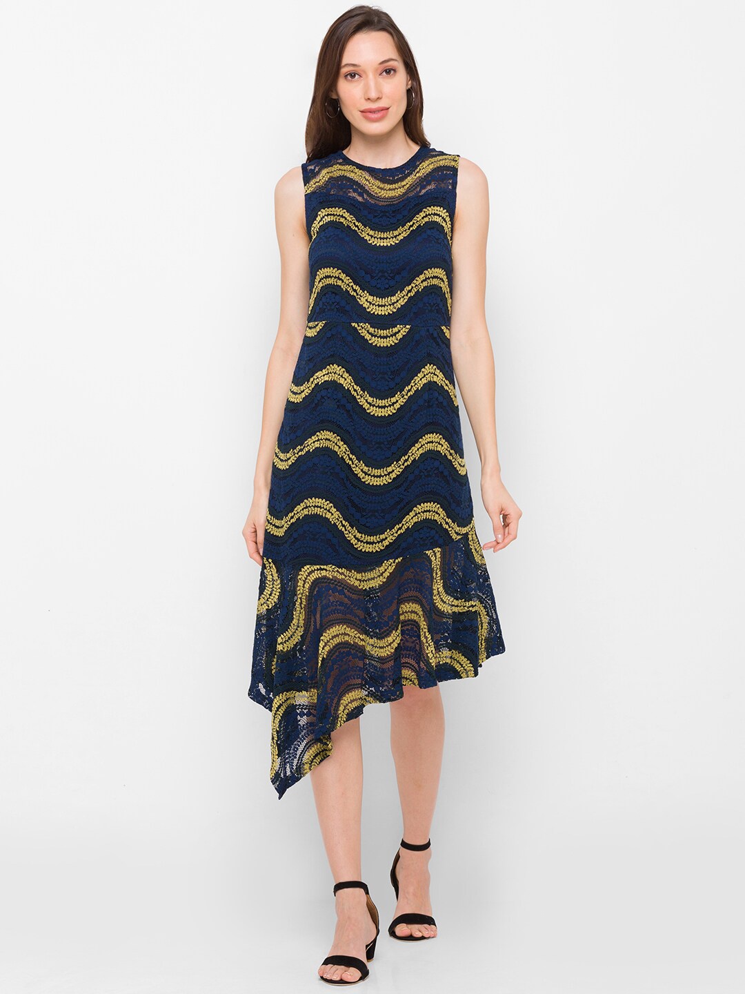 

Globus Navy Blue & Mustard Yellow Cotton A-Line Midi Dress