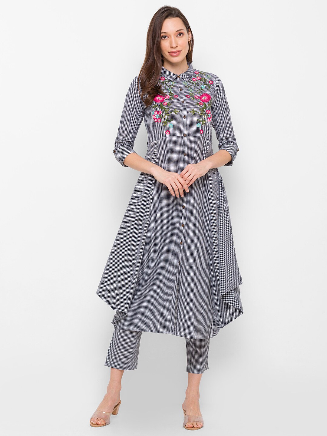 

Globus Women Black Floral Embroidered Checked Cotton Kurta